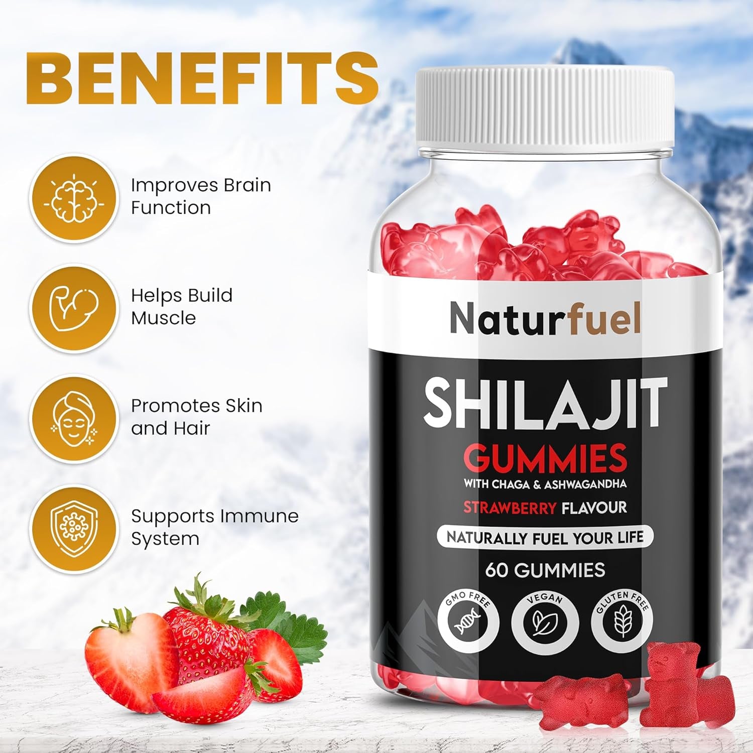 Shilajit Gummies, with Ashwagandha & Chaga, Strawberry Flavour, Rich in Fulvic Acid, Supports Immune System & Vitality, Vegan, Gluten Free, 60 Gummies