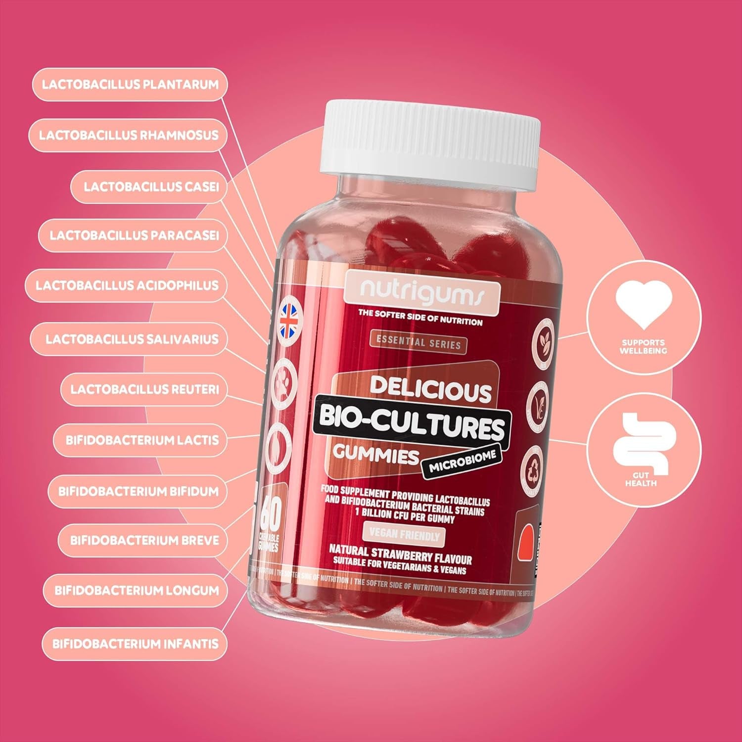 Bio-Cultures Microbiome Complex Gummy | 12 Multi-Strain Probiotics 1 Billion CFU | Acidophilus & Bifidobacterium | Strawberry Flavour | 60 Vegan Gummies | Support Wellbeing & Gut Heath by ®