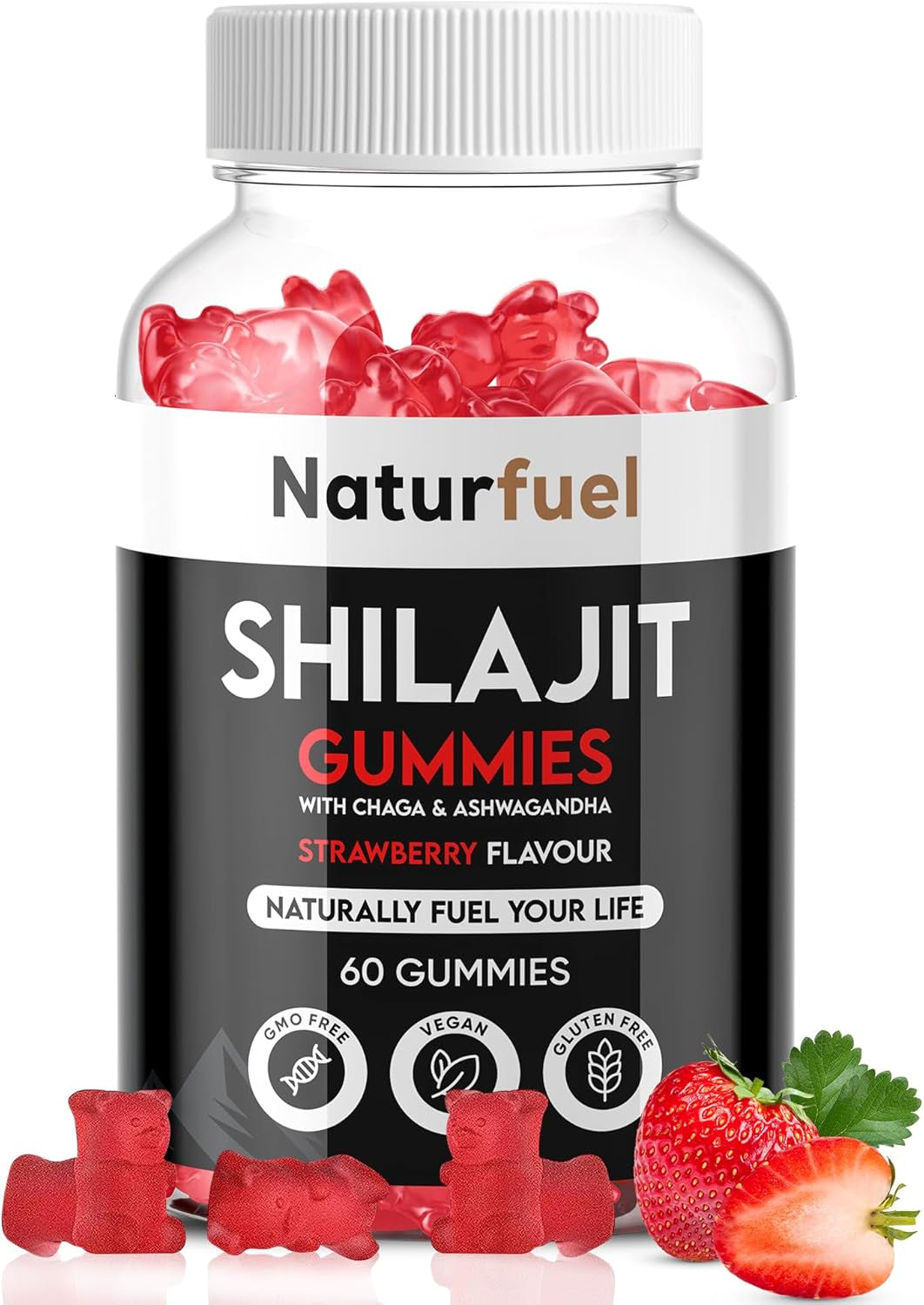 Shilajit Gummies, with Ashwagandha & Chaga, Strawberry Flavour, Rich in Fulvic Acid, Supports Immune System & Vitality, Vegan, Gluten Free, 60 Gummies