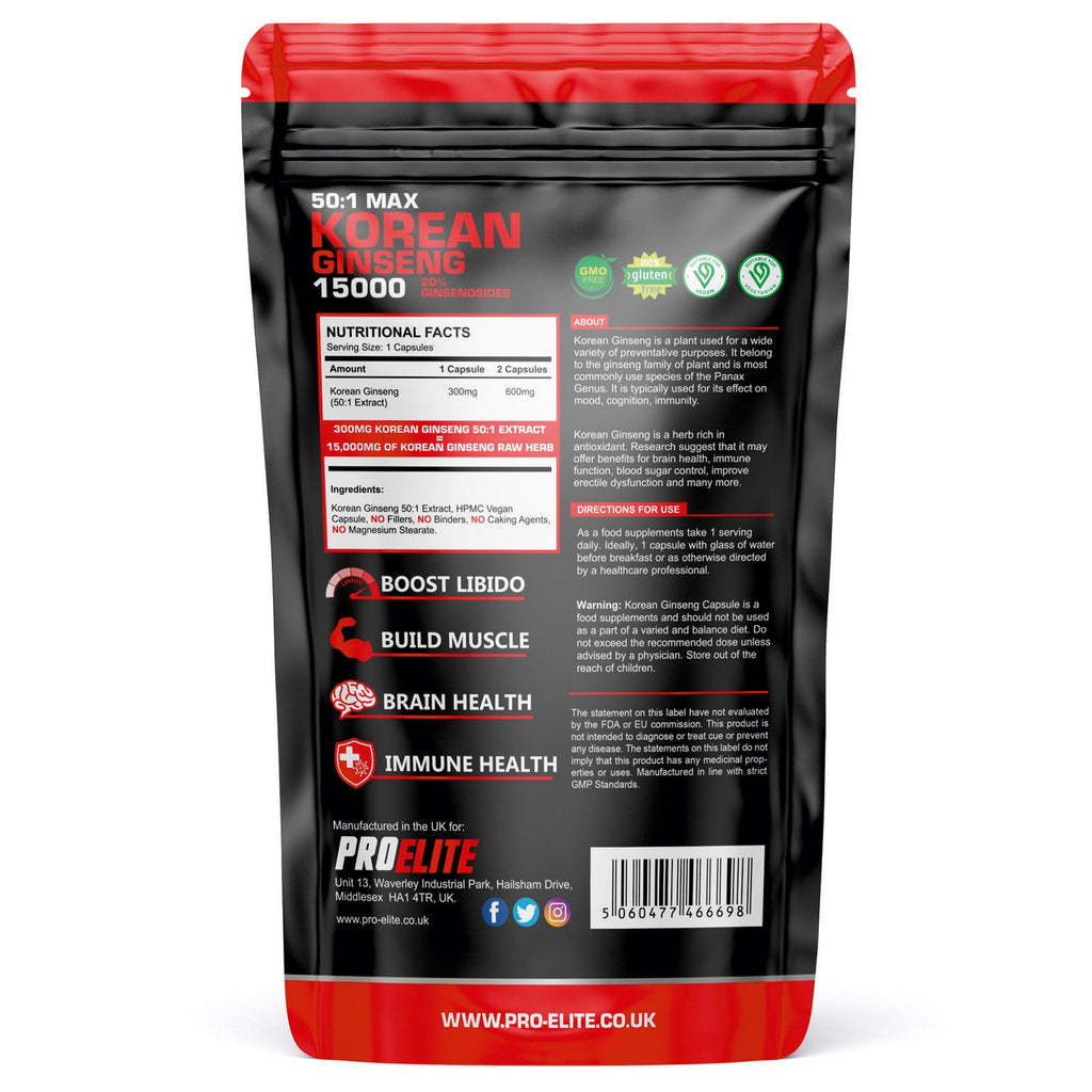 Korean Ginseng Root Extract Powder 15,000Mg Vegan Capsules Panax Ginseng Libido