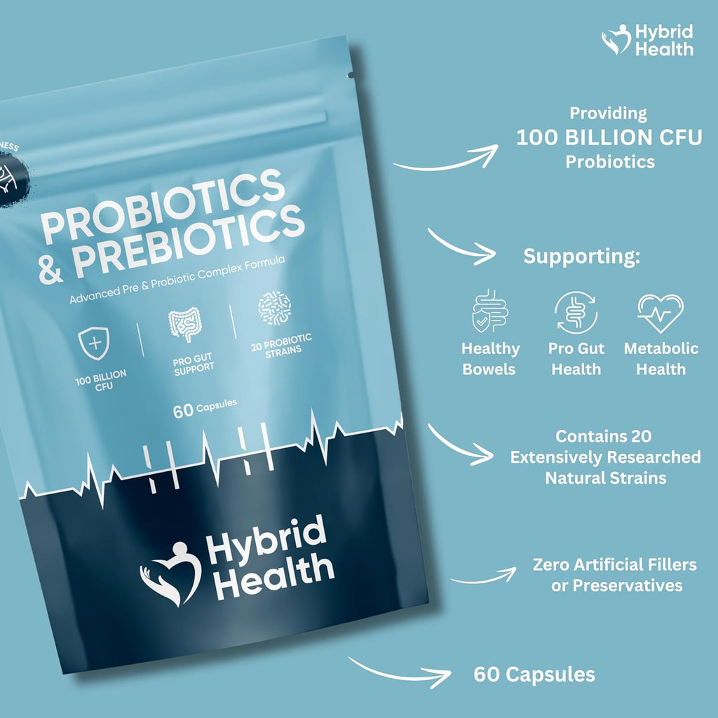 Probiotic & Prebiotics Complex | 60 Capsules | 100 Billion CFU | Advanced Strength Probiotics with 20 Diverse Strains | Pre & Probiotics for Women and Men