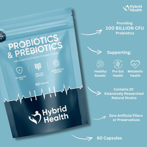 Probiotic & Prebiotics Complex | 60 Capsules | 100 Billion CFU | Advanced Strength Probiotics with 20 Diverse Strains | Pre & Probiotics for Women and Men