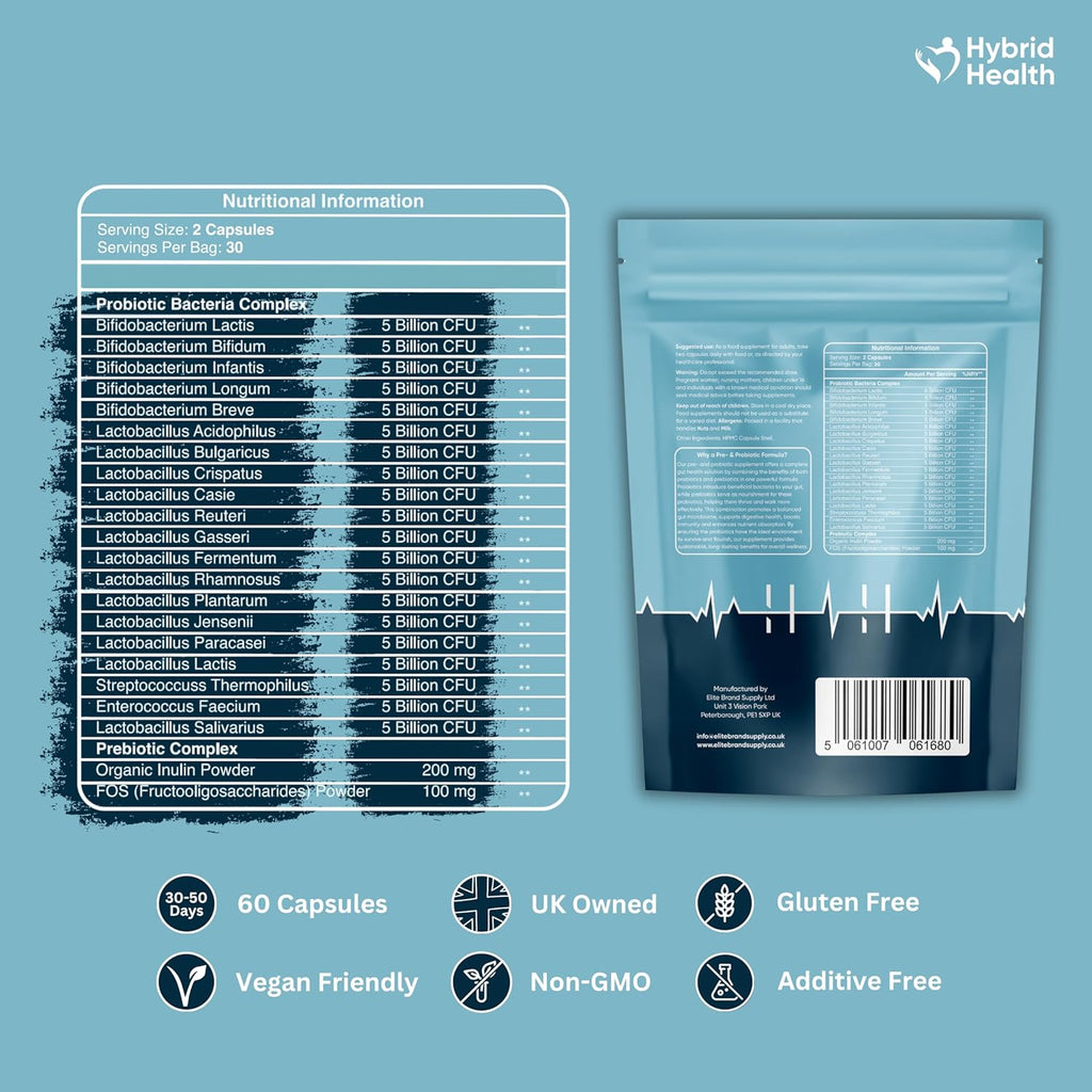 Probiotic & Prebiotics Complex | 60 Capsules | 100 Billion CFU | Advanced Strength Probiotics with 20 Diverse Strains | Pre & Probiotics for Women and Men