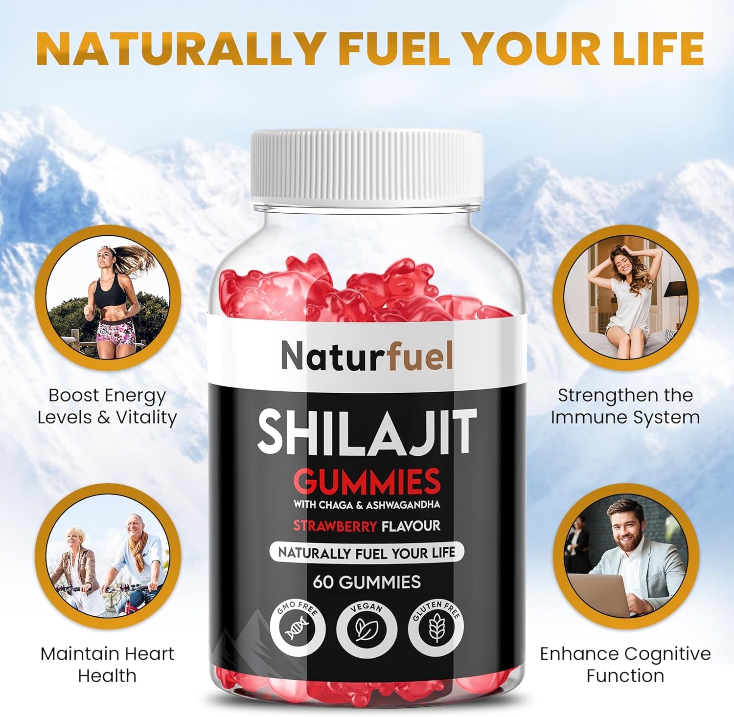 Shilajit Gummies, with Ashwagandha & Chaga, Strawberry Flavour, Rich in Fulvic Acid, Supports Immune System & Vitality, Vegan, Gluten Free, 60 Gummies
