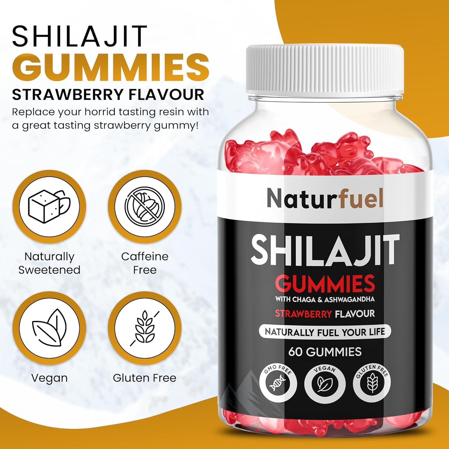 Shilajit Gummies, with Ashwagandha & Chaga, Strawberry Flavour, Rich in Fulvic Acid, Supports Immune System & Vitality, Vegan, Gluten Free, 60 Gummies