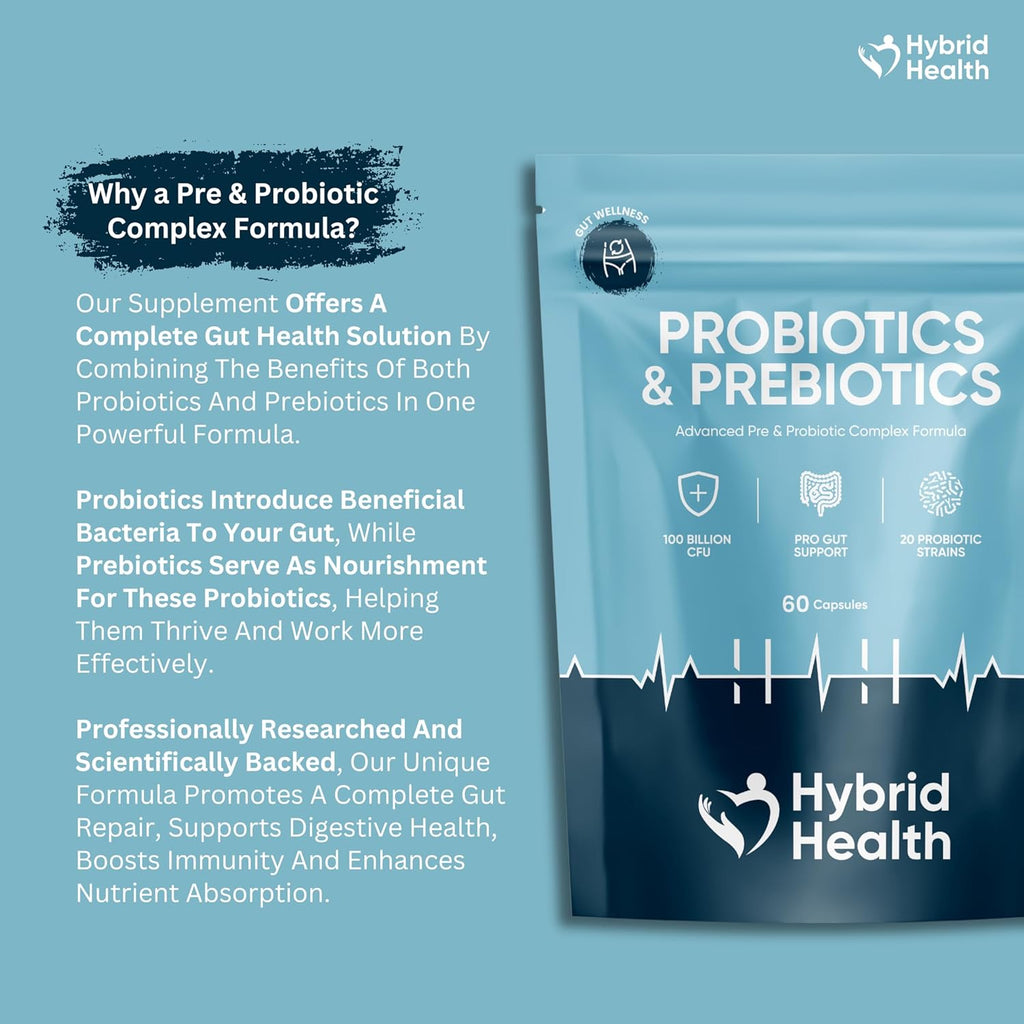 Probiotic & Prebiotics Complex | 60 Capsules | 100 Billion CFU | Advanced Strength Probiotics with 20 Diverse Strains | Pre & Probiotics for Women and Men