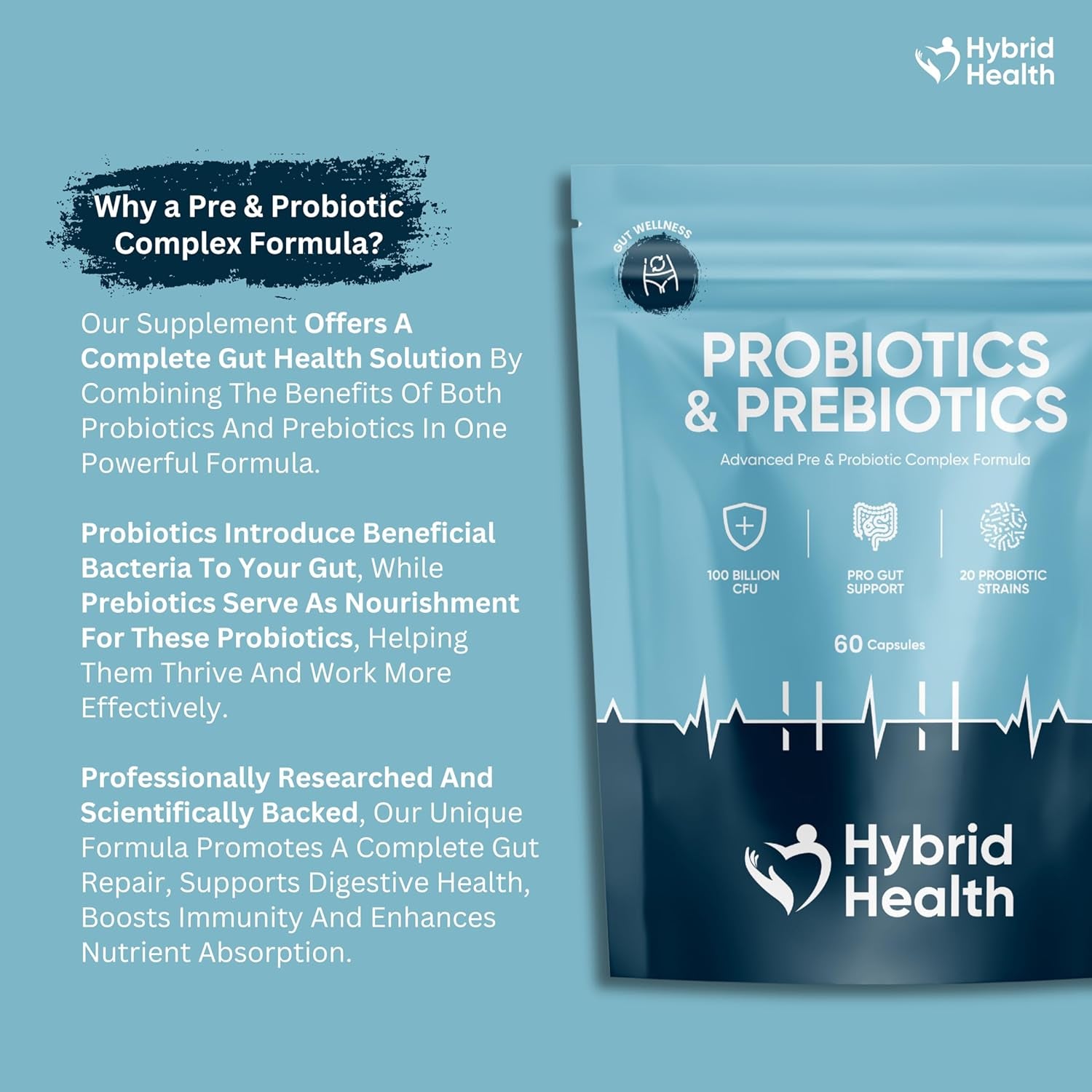 Probiotic & Prebiotics Complex | 60 Capsules | 100 Billion CFU | Advanced Strength Probiotics with 20 Diverse Strains | Pre & Probiotics for Women and Men