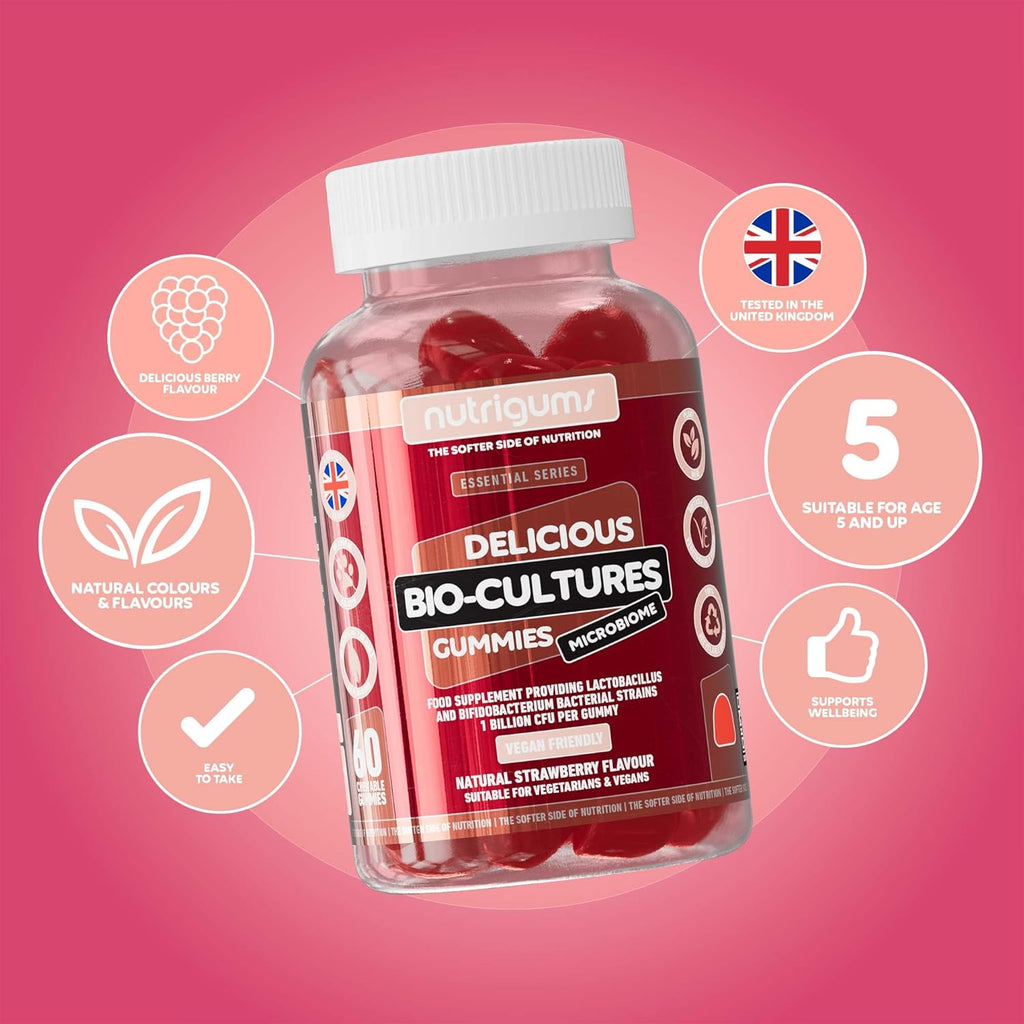 Bio-Cultures Microbiome Complex Gummy | 12 Multi-Strain Probiotics 1 Billion CFU | Acidophilus & Bifidobacterium | Strawberry Flavour | 60 Vegan Gummies | Support Wellbeing & Gut Heath by ®